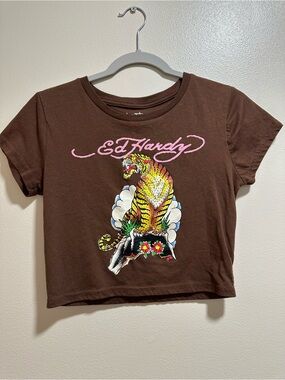 Ed Hardy Brown Cropped Tee with Pink Logo and Rhinestone Tiger